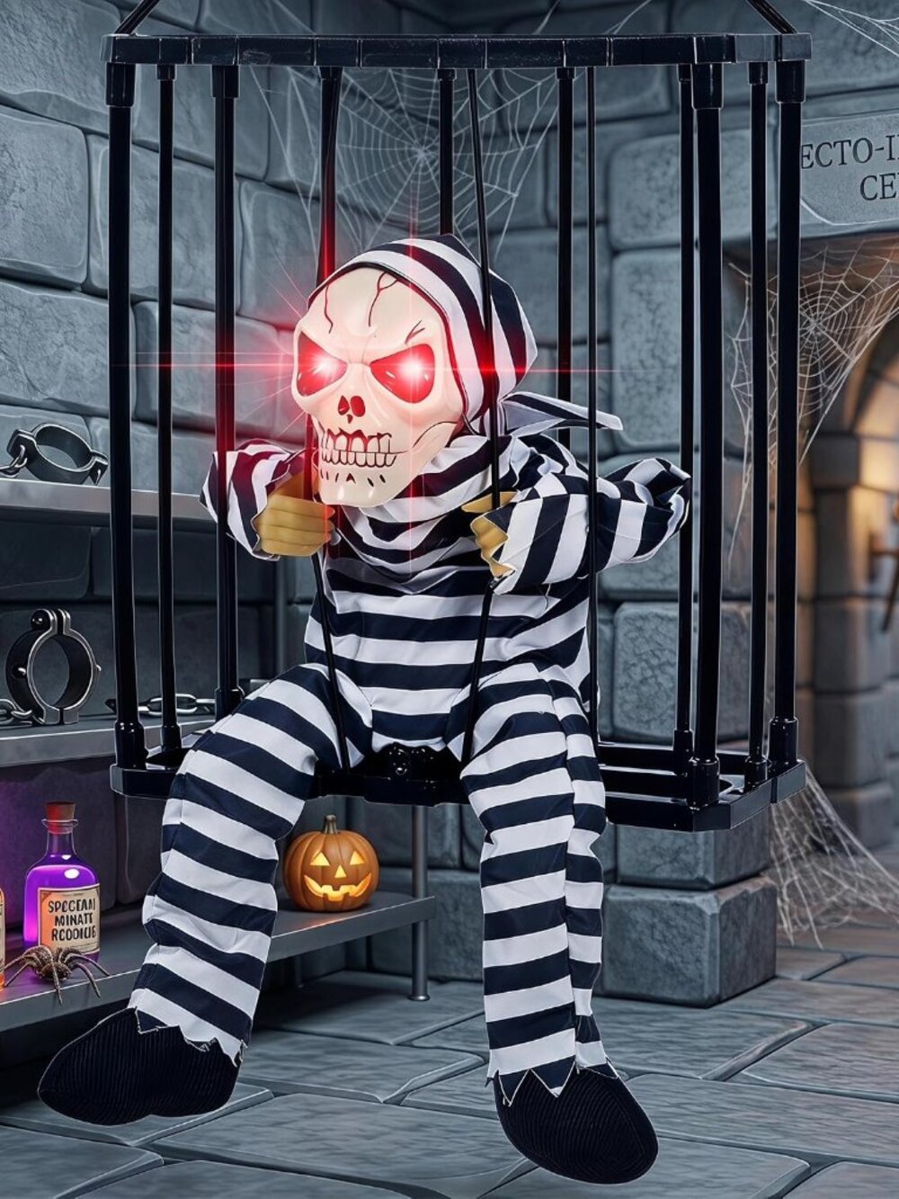 Halloween Decor with Sensor, Scary Skeleton in Cage for Haunted House